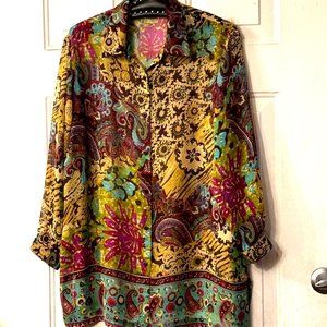 GO Silk Sz L Womens Silk Sheer Blouse Shirt Tunic 3/4 Sleeve Multicolor Paisley